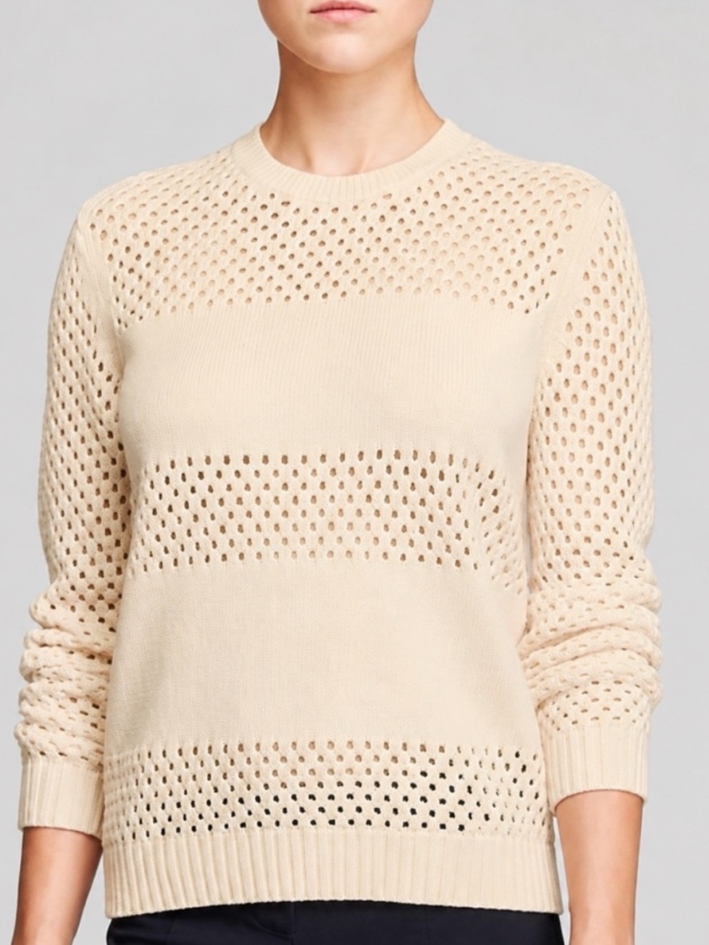 Tory Burch Leona Paneled Open-Knit Merino Wool Pullover Sweater in Cream